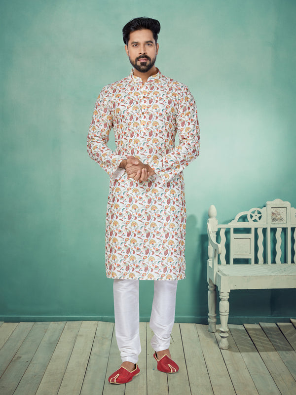 Angasudha Ivory Garden Digital Print Cotton Kurta with White Pyjama