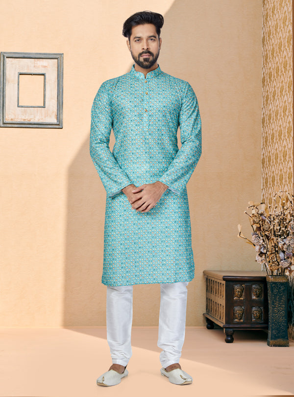 Angasudha Aqua Royal Printed Silk Kurta with Dupion Silk Pyjama