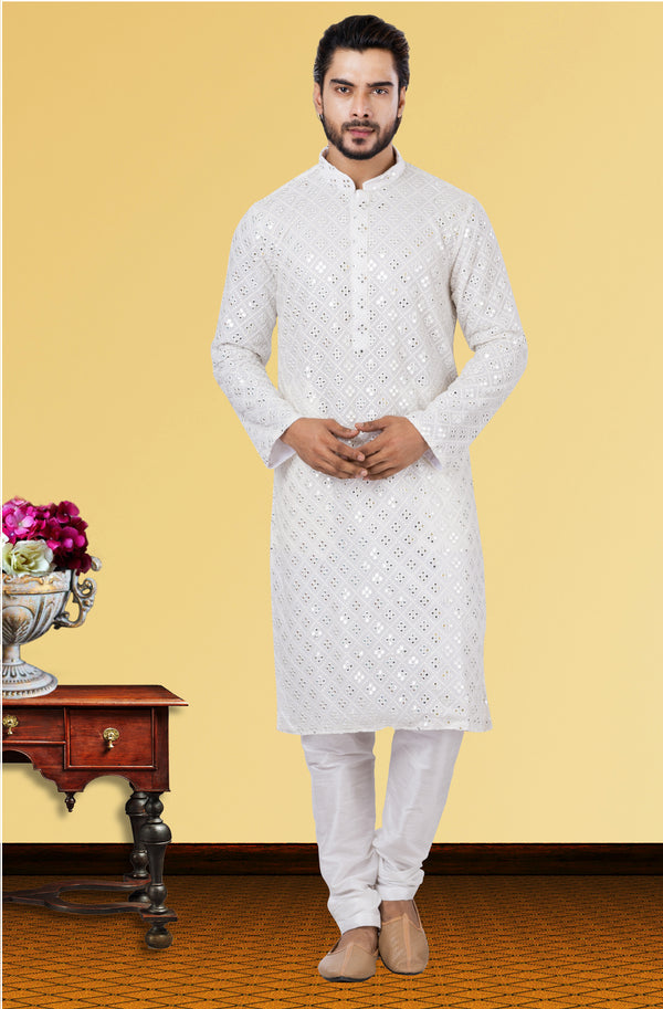 Angasudha Pearl White Diamond Mirror Kurta Set