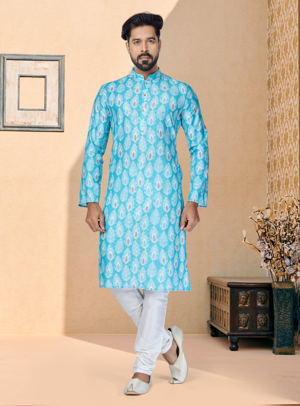Angasudha Peacock Teal Silk Kurta with White Dupion Silk Pyjama
