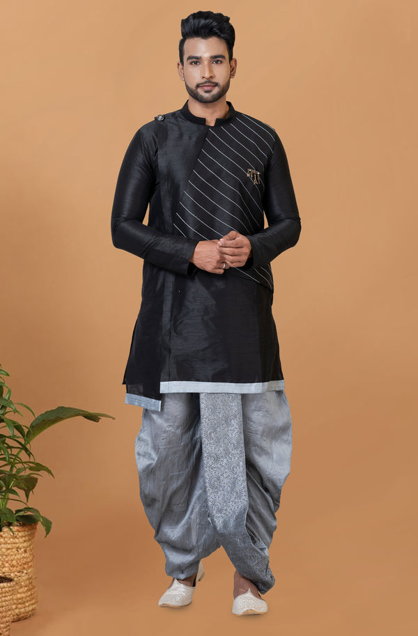 Angasudha Royal Noir Asymmetric Kurta with Embroidered Dhoti