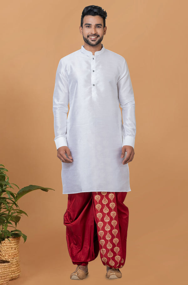 Angasudha Ivory Classic Kurta with Maroon Embroidered Dhoti