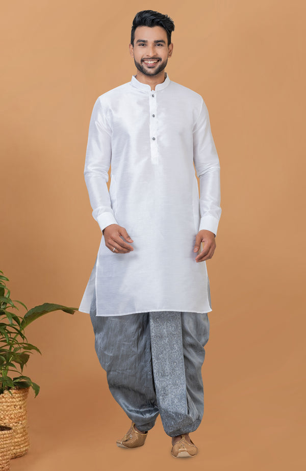 Angasudha Classic White Kurta with Slate Grey Embroidered Dhoti