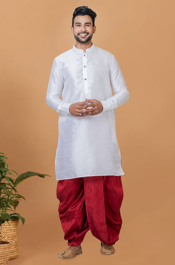 Angasudha Snow White Kurta with Crimson Red Embroidered Dhoti