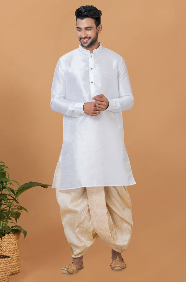 Angasudha Classic White Kurta with Golden Beige Embroidered Dhoti