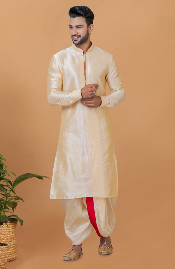 Angasudha Golden Aura Dhoti Kurta Set with Red Accent