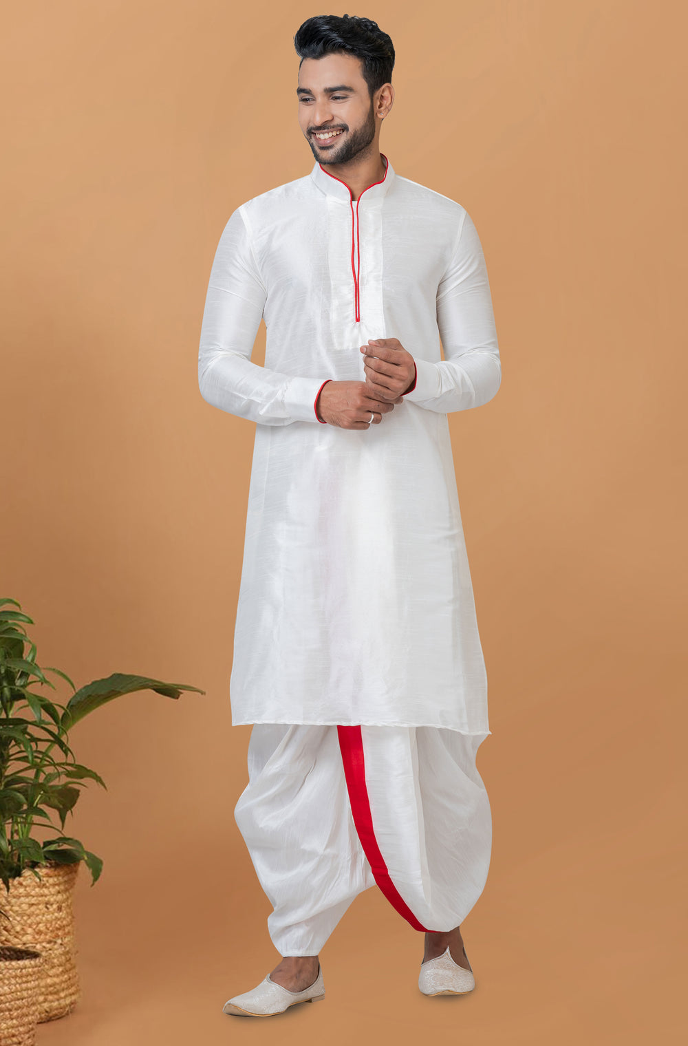 Angasudha Classic Bengali White Dhoti Kurta Set with Red Accent