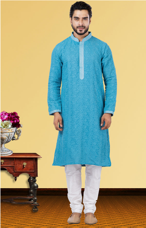 Angasudha Sky Blue Georgette Kurta with Dupion Silk Pyjama