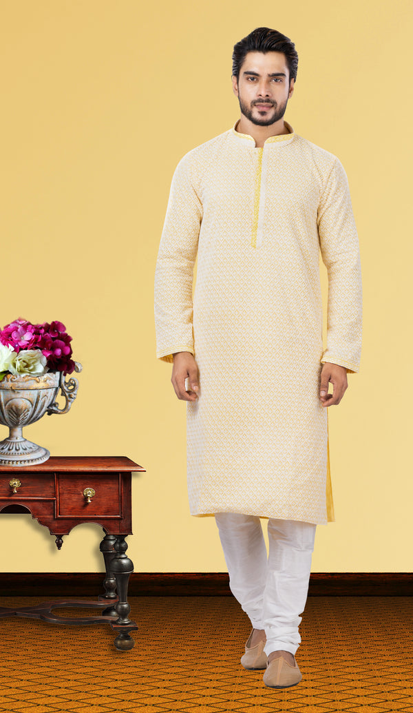 Angasudha Light Yellow Georgette Kurta with Dupion Silk Pyjama
