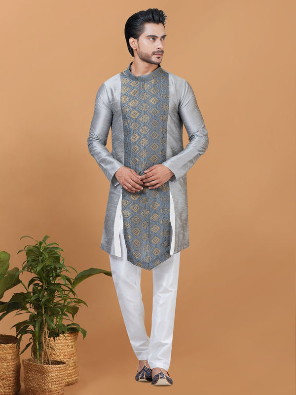 Angasudha Royal Grey Banarasi Dhupion Silk Kurta Pyjama Set