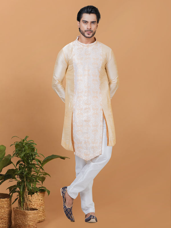 Angasudha Classic Beige Banarasi Dhupion Silk Kurta Pyjama Set