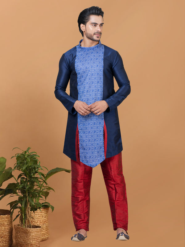 Angasudha Royal Navy & Red Banarasi Dhupion Silk Kurta Pyjama Set