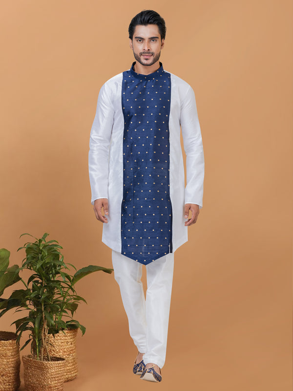 Angasudha White & Navy Banarasi Dhupion Silk Kurta Pyjama Set