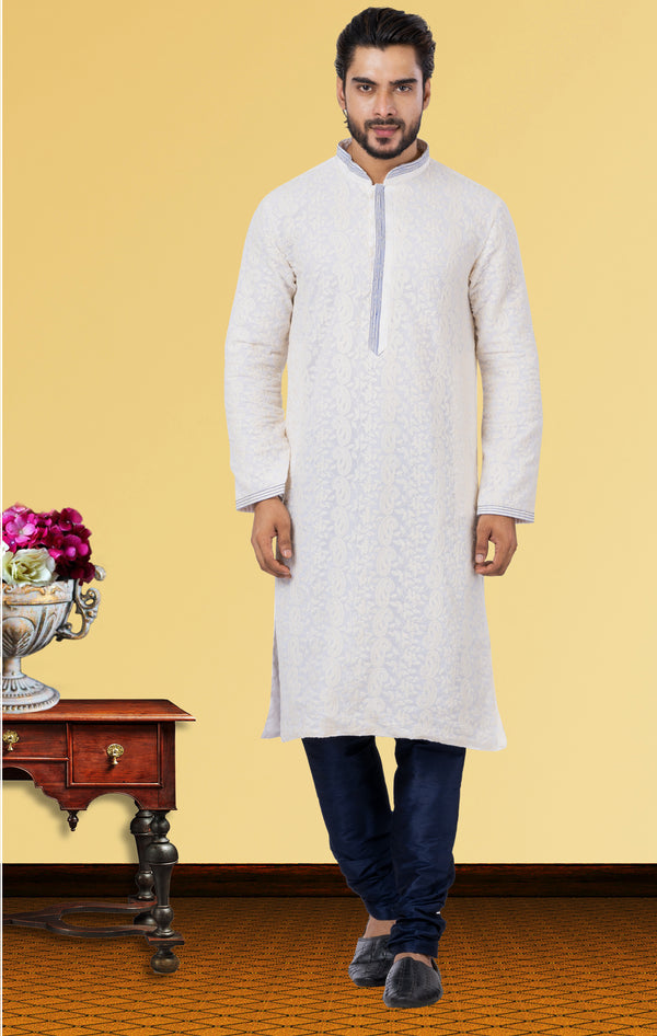 Angasudha Ivory White Embroidered Paisley Kurta with Navy Dupion Silk Pyjama
