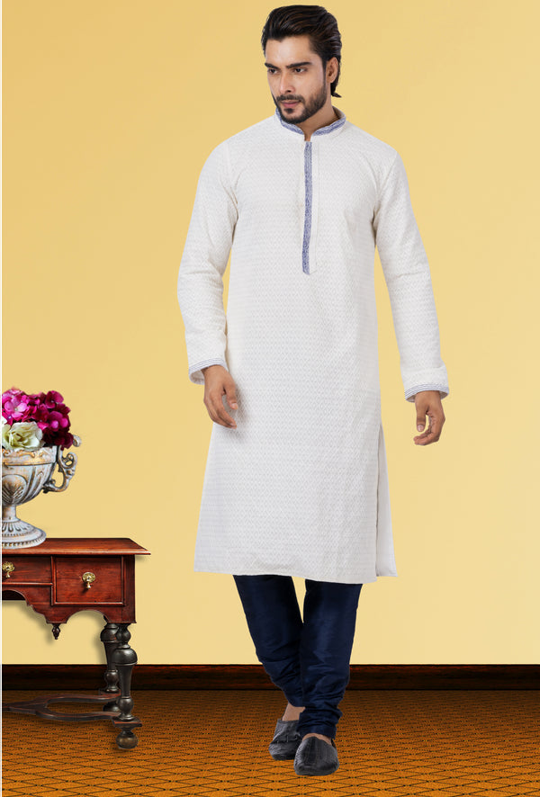 Angasudha Ivory White Textured Georgette Kurta with Navy Dupion Silk Pyjama
