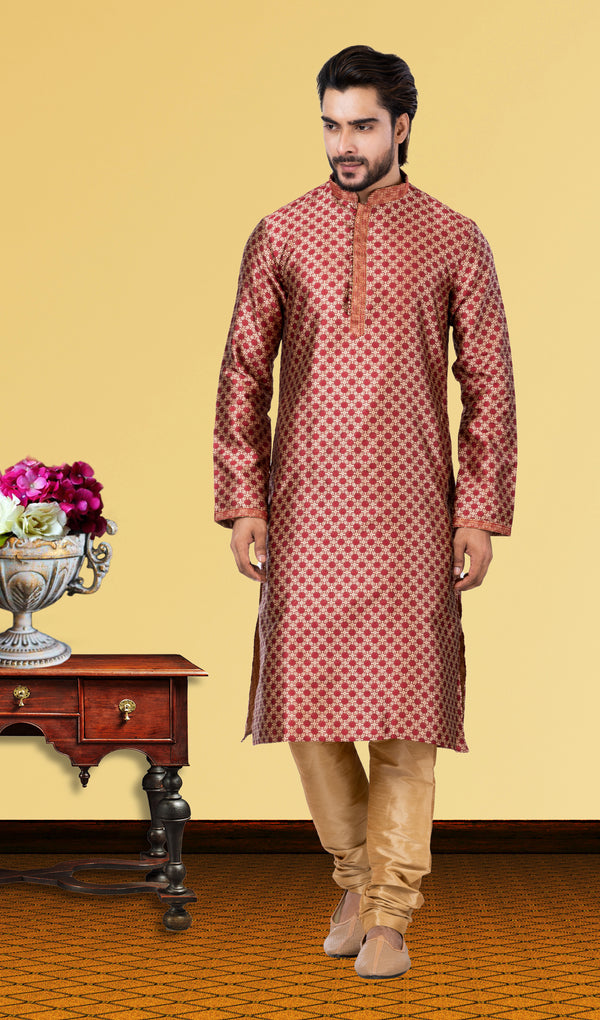 Angasudha Maroon Jacquard Kurta with Golden Dupion Silk Pyjama