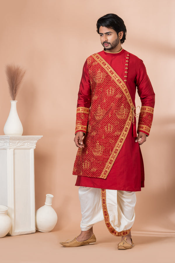 Angasudha Regal Maroon Embroidered Bengali Dhoti Kurta Set – Celebrate Culture in Style