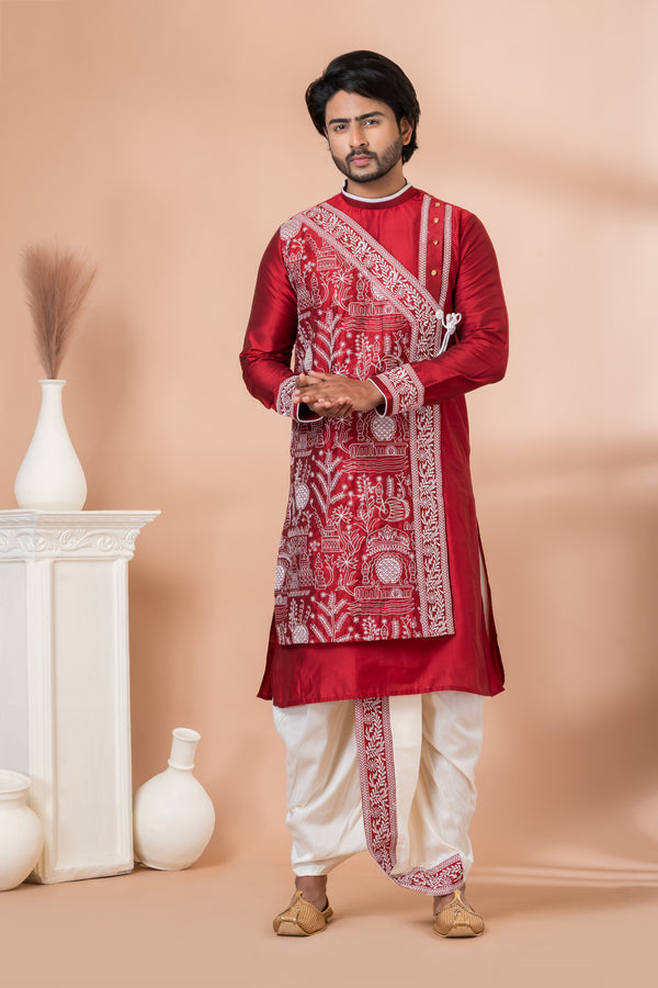 Angasudha Regal Red Bengali Dhoti Kurta Set – Crafted for the Celebrations of Bengal