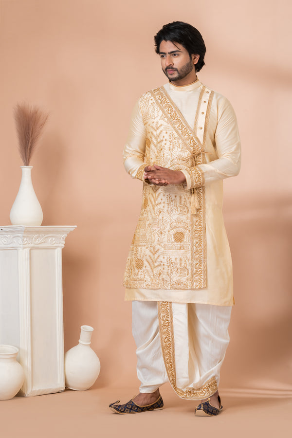 Angasudha Regal Cream Bengali Dhoti Kurta Set – Pure Grace for Festive Grandeur