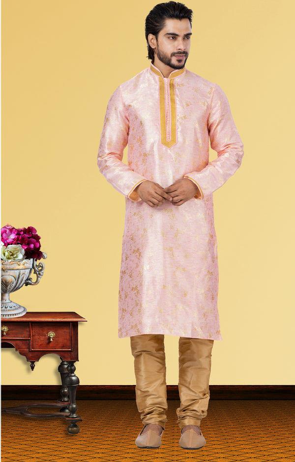 Angasudha Blush Pink Zari-Embroidered Kurta with Golden Dupion Silk Pyjama