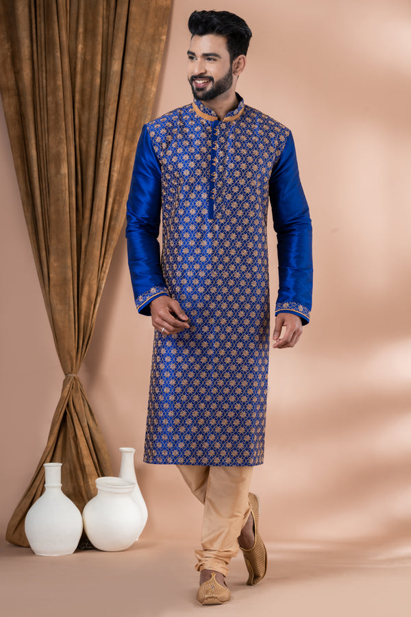 Angasudha Royal Blue Banarasi Dhupion Kurta Set with Golden Zari Embroidery