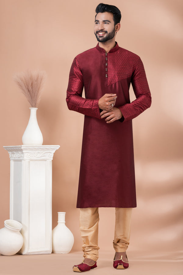 Angasudha Maroon PS Viscose & Jacquard Kurta with Beige Viscose Pyjama
