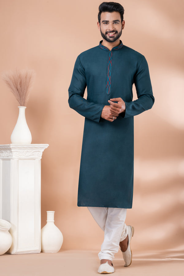 Angasudha Teal Blue Cotton Kurta with White Viscose Pyjama