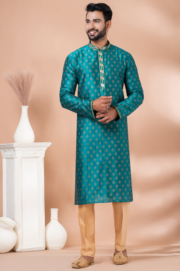 Angasudha Teal Green Banarasi Dhupion Kurta with Beige Viscose Pyjama