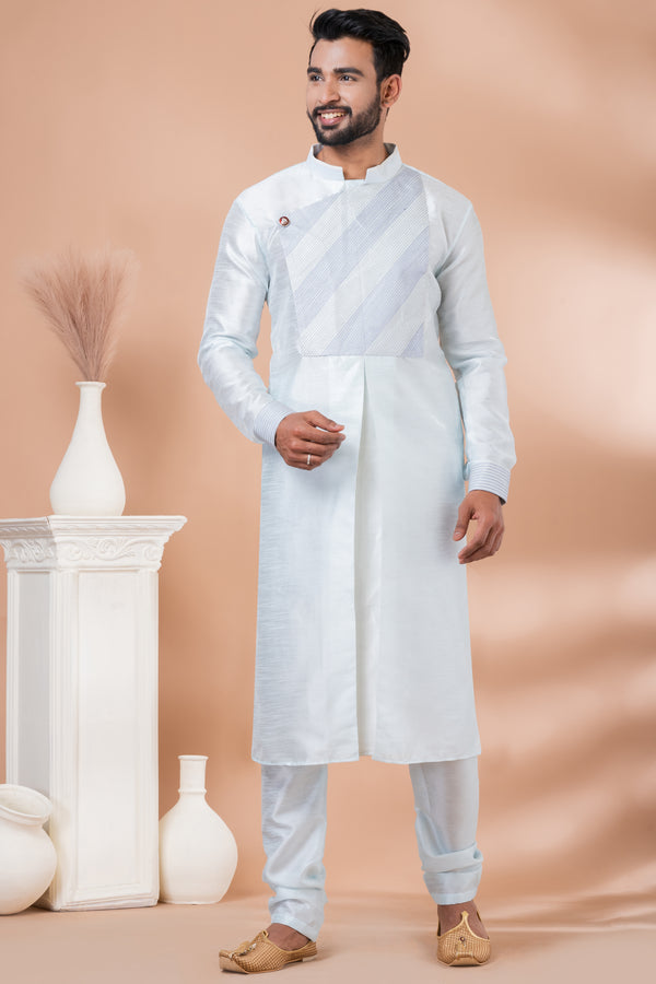 Angasudha Ice Blue Embroidered Dupion Silk Kurta with Pyjama Set