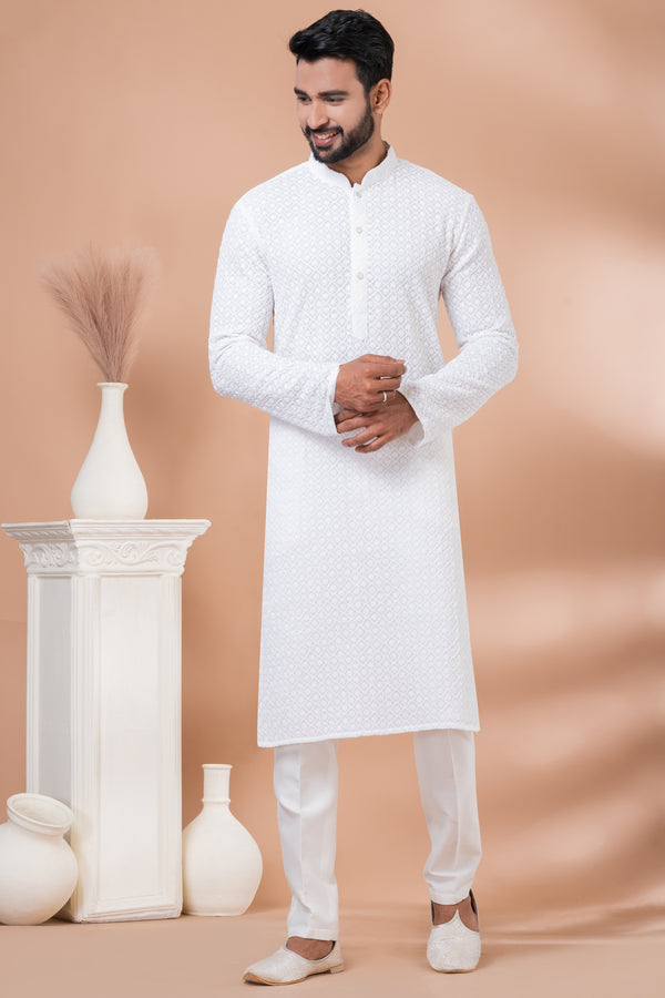 Angasudha Classic White Embroidered Georgette Kurta with Viscose Pyjama