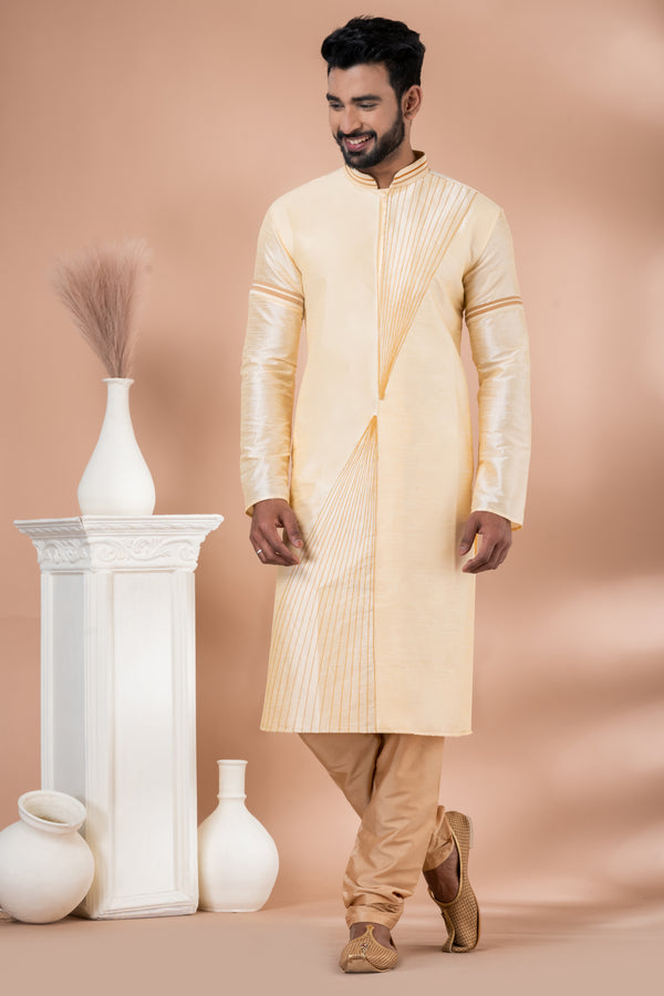 Angasudha Cream Dupion Silk Kurta with Embroidered Detail and Viscose Pyjama