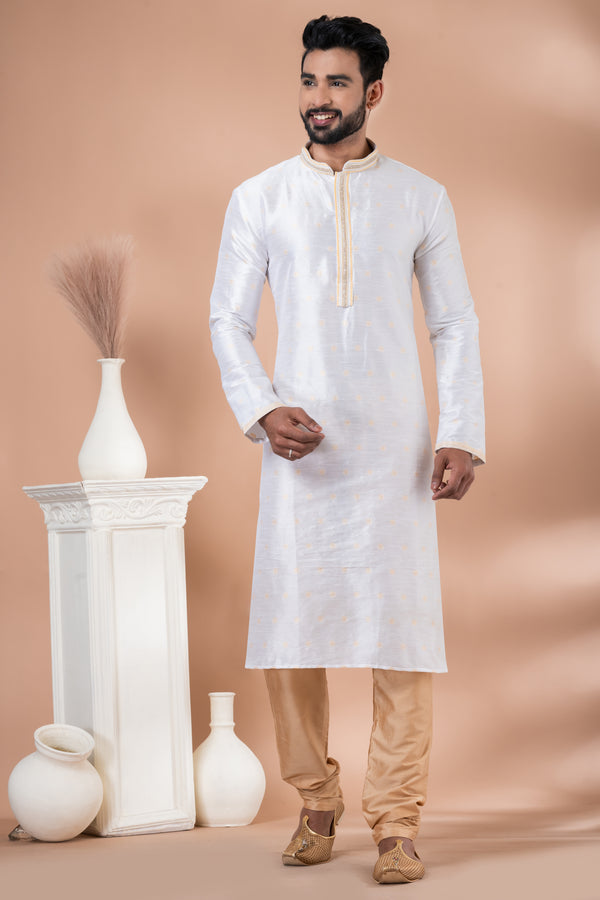 Angasudha White Dupion Silk Kurta with Beige Viscose Pyjama