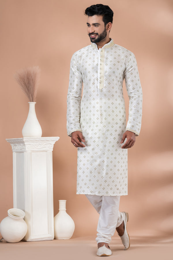 Angasudha Off-White Embroidered Dupion Silk Kurta with White Viscose Pyjama