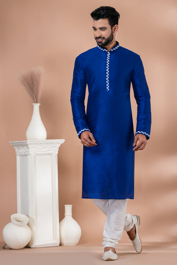 Angasudha Royal Blue Dupion Silk Kurta with White Pyjama