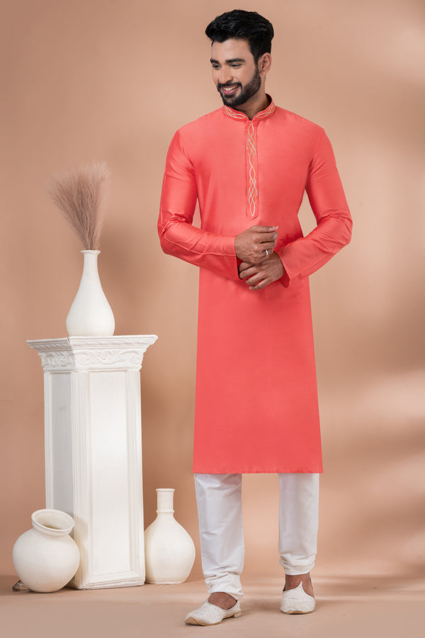 Angasudha Coral Viscose Kurta with White Pyjama
