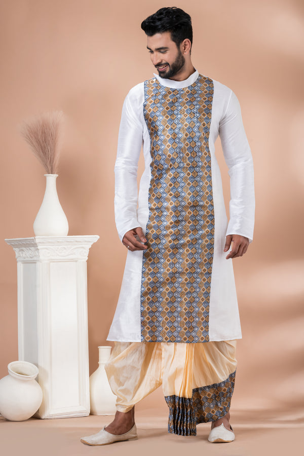 Angasudha White & Beige Printed Panel Dupion Silk Dhoti Kurta Set