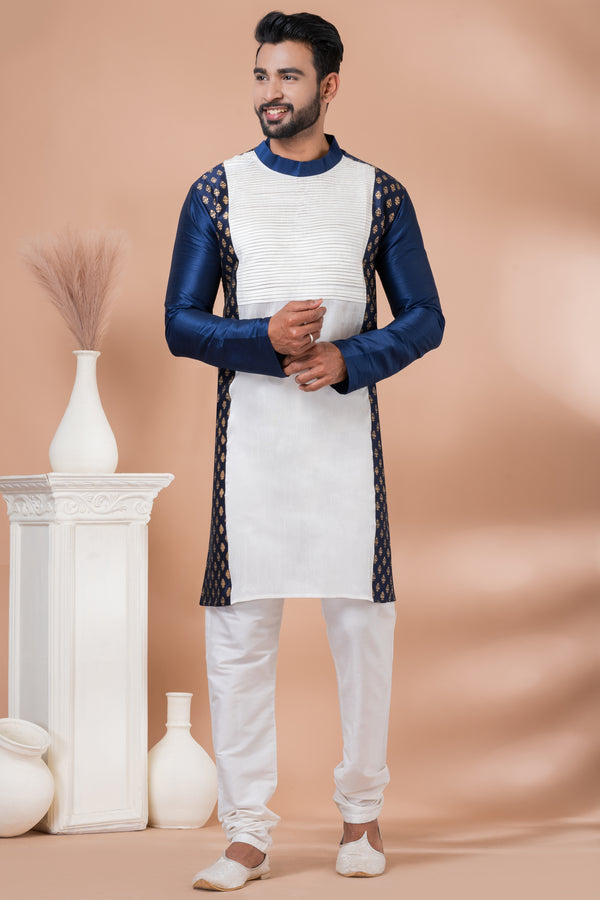 Angasudha Royal Blue & White Banarasi Dhupion Silk Kurta with Dupion Silk Pyjama