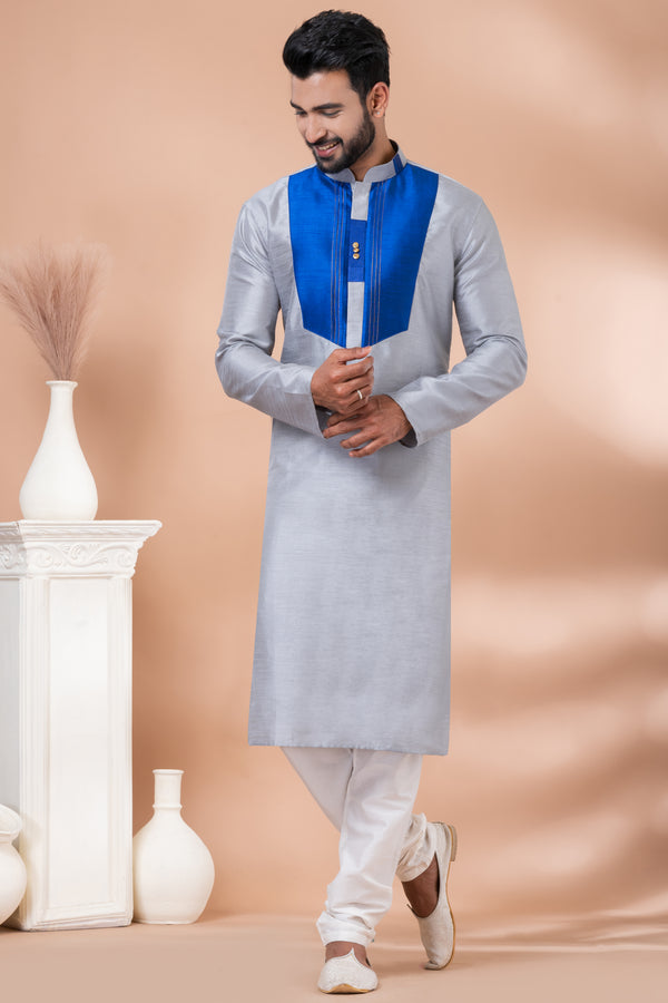 Angasudha Elegant Grey Dupion Silk Kurta with Royal Blue Panel & White Pyjama
