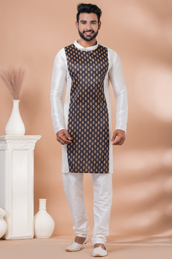 Angasudha Black & White Banarasi Dhupion Silk Kurta with Dupion Silk Pyjama
