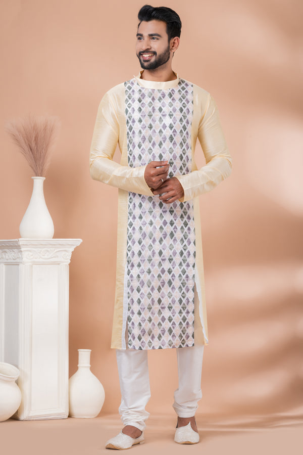 Angasudha Cream Gold Dupion Silk Kurta with Printed Geometric Front & White Pyjama