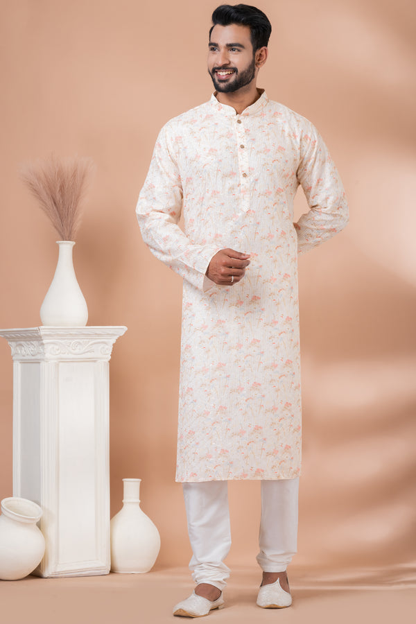 Angasudha Peach Blossom Printed Cotton Kurta with White Pyjama