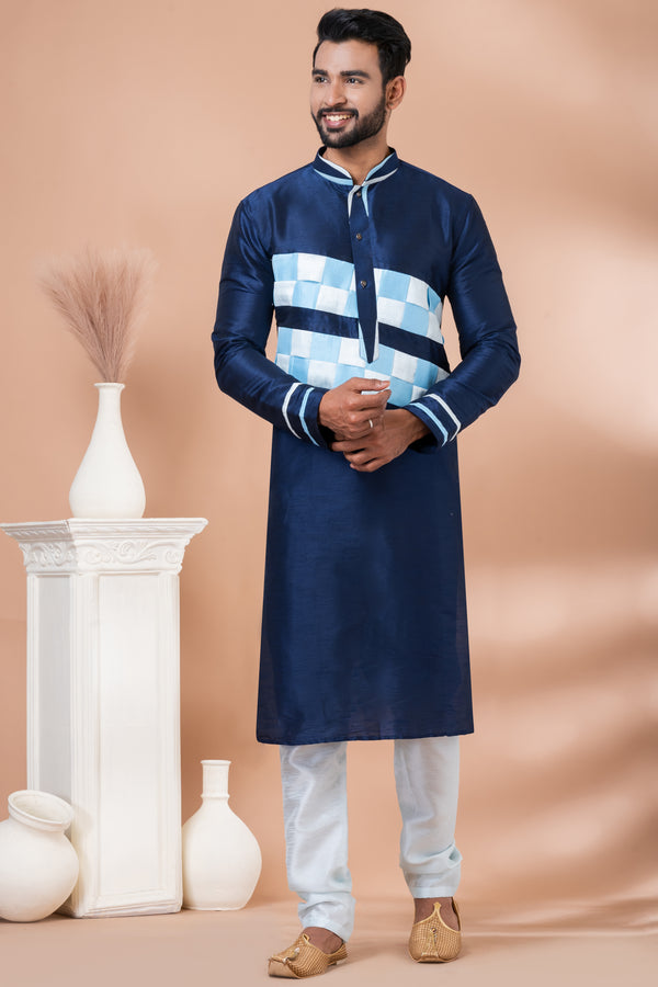 Angasudha Midnight Blue Dupion Silk Kurta with Sky Blue Checkered Panel & Light Pyjama