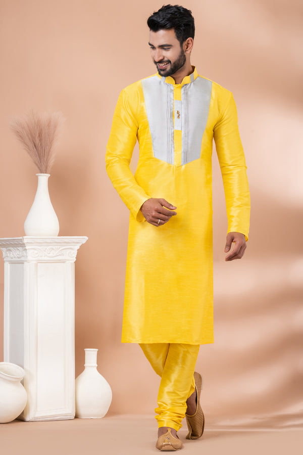 Angasudha Vibrant Yellow Dupion Silk Kurta with Silver Panel & Matching Pyjama