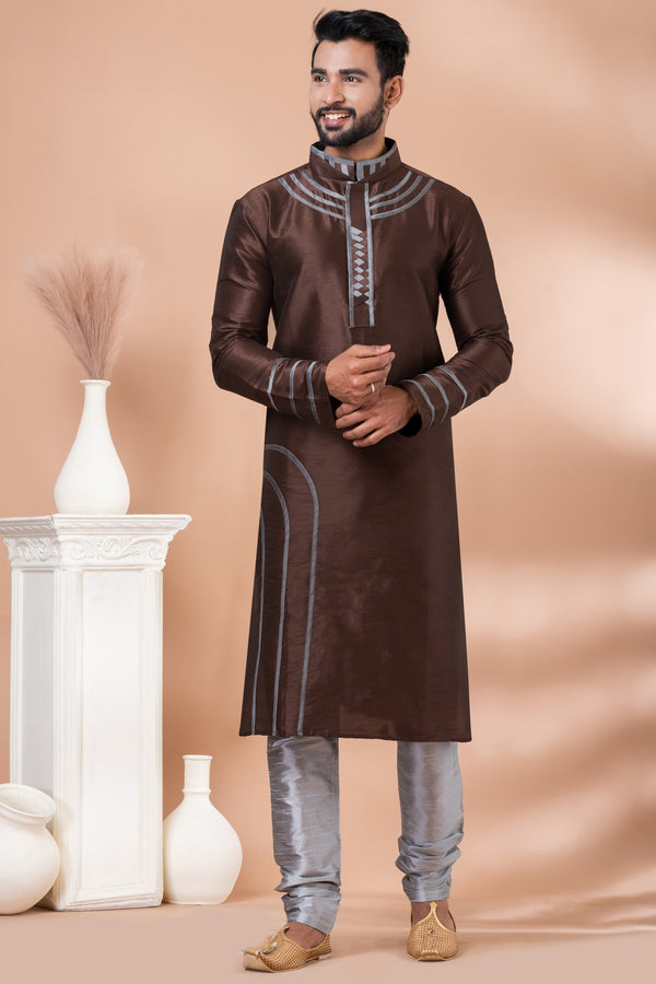 Angasudha Rich Chocolate Brown Dupion Silk Kurta with Silver Detailing & Contrasting Pyjama