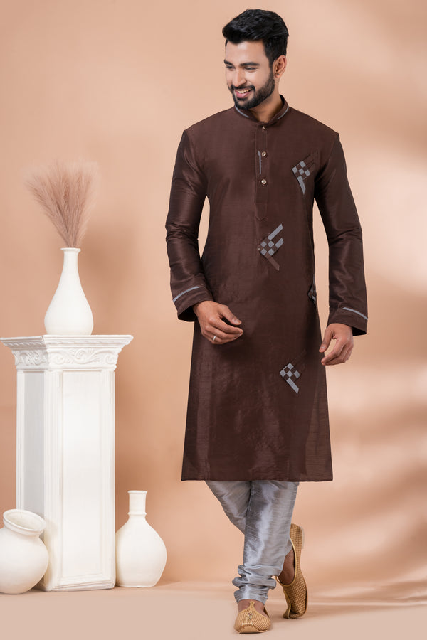 Angasudha Classic Chocolate Brown Dupion Silk Kurta with Geometric Embroidery & Silver Pyjama
