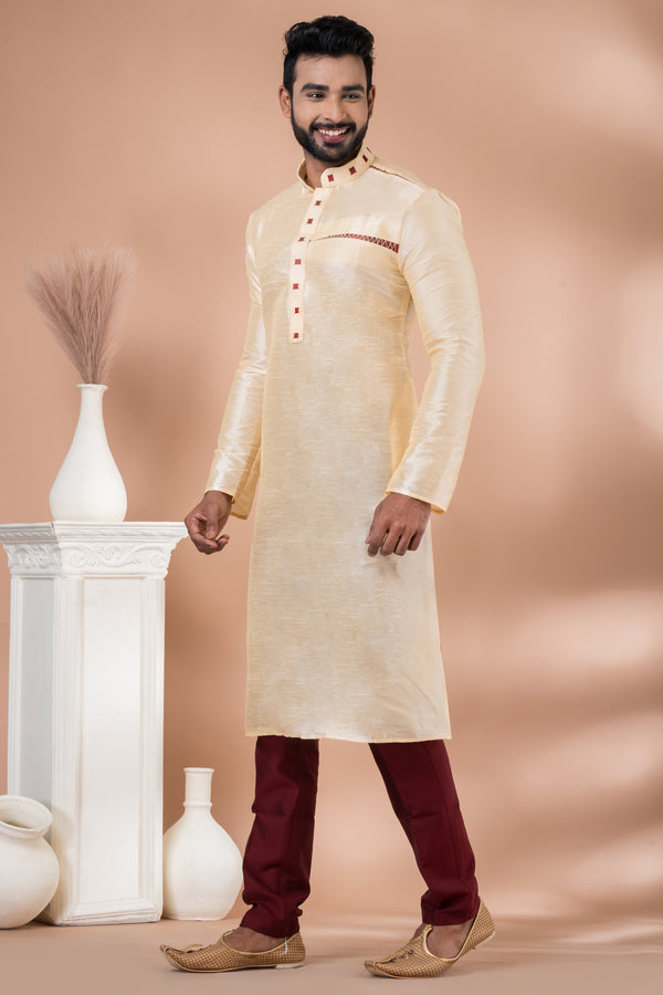 Angasudha Cream Dupion Silk Kurta with Maroon Detailing & Contrast Maroon Pyjama