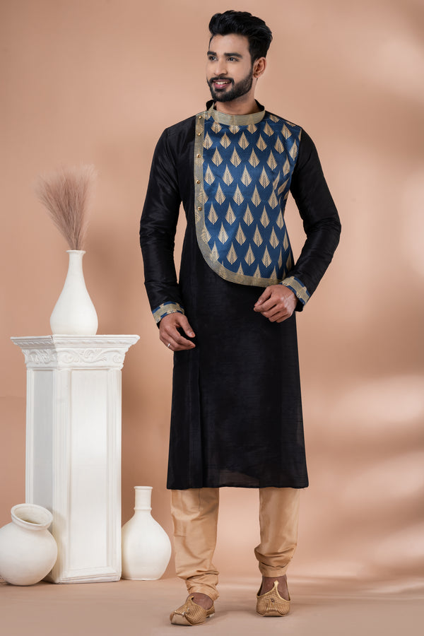Angasudha Regal Black & Blue Indo-Western Kurta Set with Golden Leaf Motif Panel