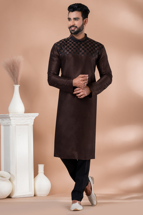 Angasudha Chocolate Brown Dupion Silk Kurta with Textured Checkered Yoke & Black Pyjama