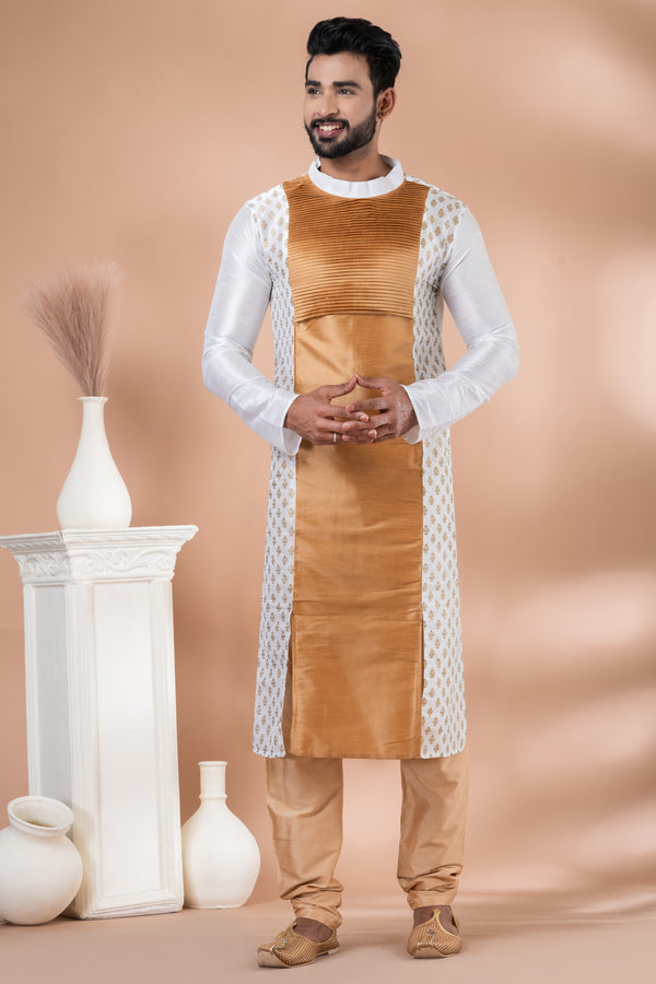 Angasudha Gold & White Banarasi Dhupion Kurta with Pintuck Panel and Beige Pyjama
