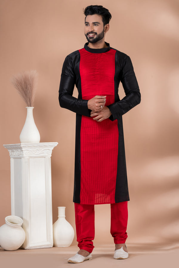 Angasudha Bold Black & Red Dupion Silk Kurta with Pintuck Detailing & Matching Red Pyjama